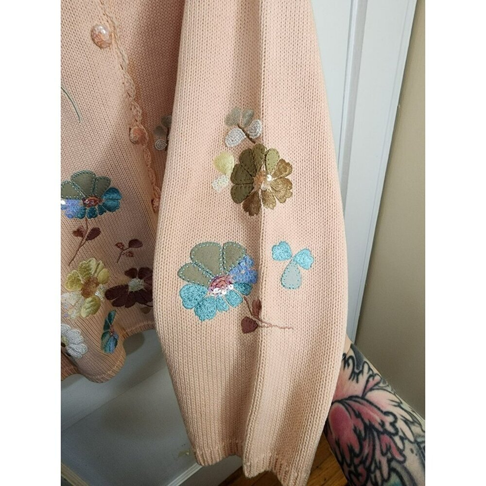 So Forth Embroidered Sequin Floral Cardigan Light Pink Sz 2X Linen Cotton Blend - Picture 5 of 6
